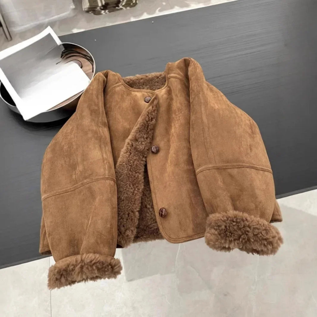 Women's Brown Leather Jacket with Integrated Fur – Thickened Crew Neck Autumn/Winter Coat