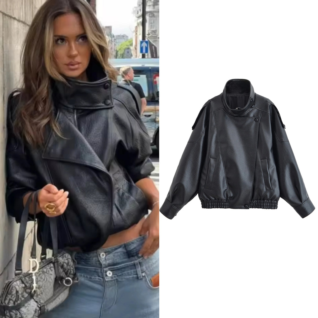 Women's Black Pebble Faux Leather Biker Jacket - Long Sleeve Motorcycle Style