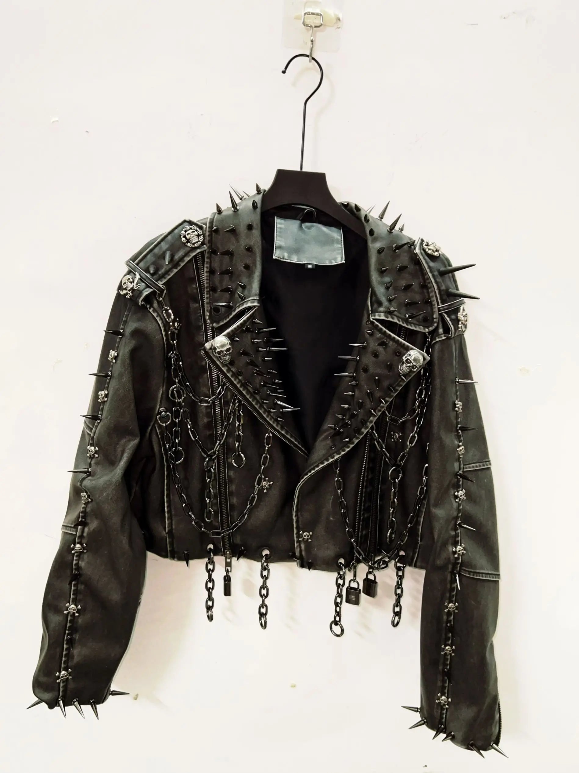 Women's Vintage Gothic Faux Leather Skull Jacket - Harajuku Y2K Punk Biker Coat with Rivets & Chains