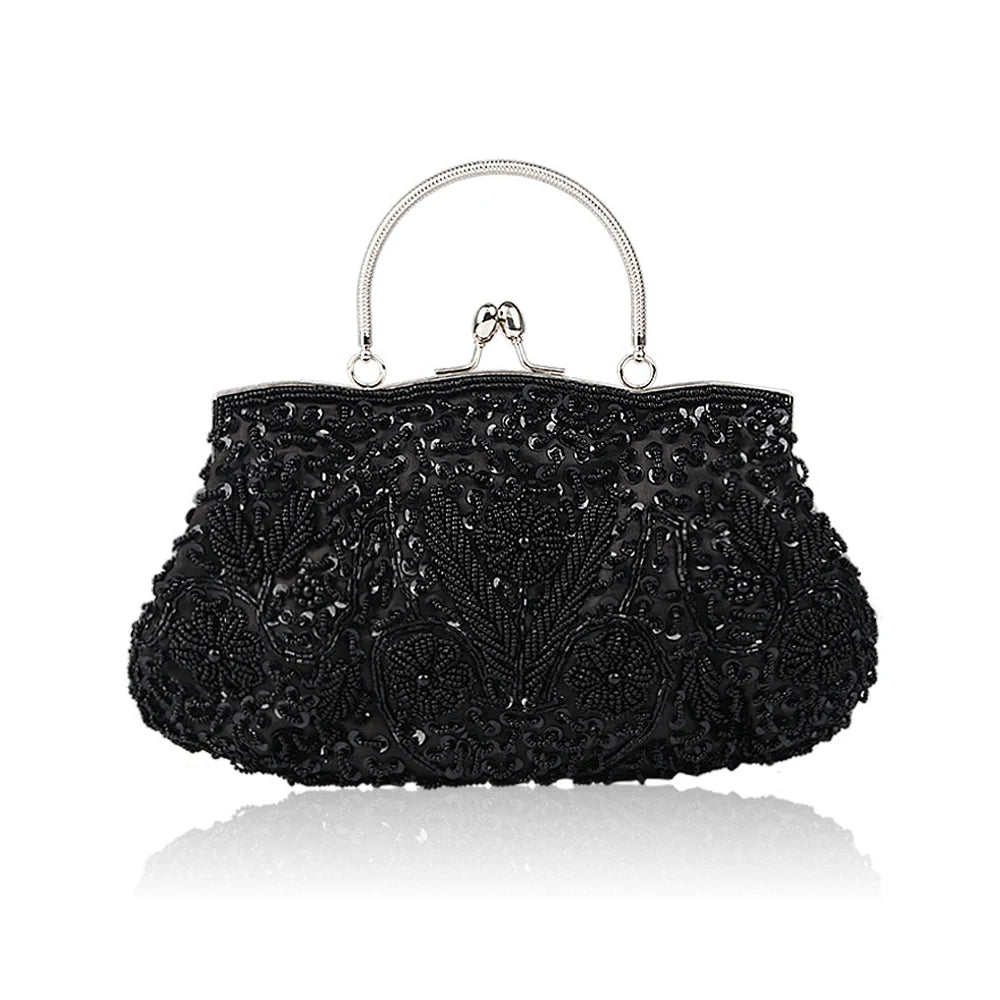 Retro Beaded Evening Clutch - Floral Sequin Wedding Party Handbag with Chain Strap