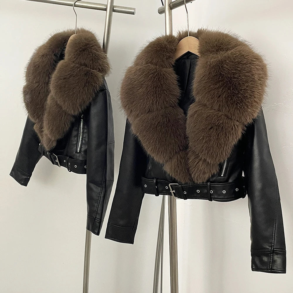 Eco-Friendly Women's Faux Leather Jacket with Detachable Faux Fur Collar and Pockets Short PU Coat
