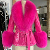 YOLOAgain Women's Genuine Sheepskin Leather Jacket with Real Fox Fur Detachable Collar & Sleeves - Belted Pockets, Autumn/Winter