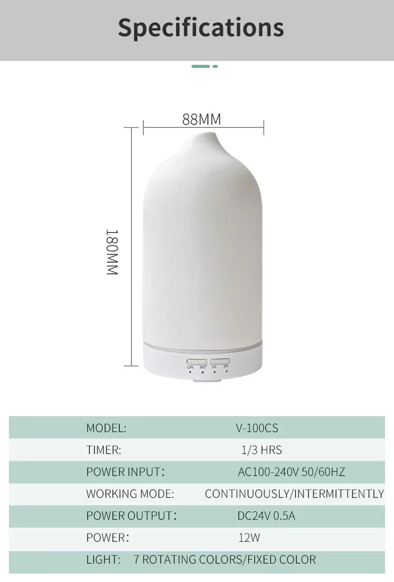 Ceramic Ultrasonic Aromatherapy Diffuser - Cool Mist Humidifier with Timer, Night Light & Auto-Off