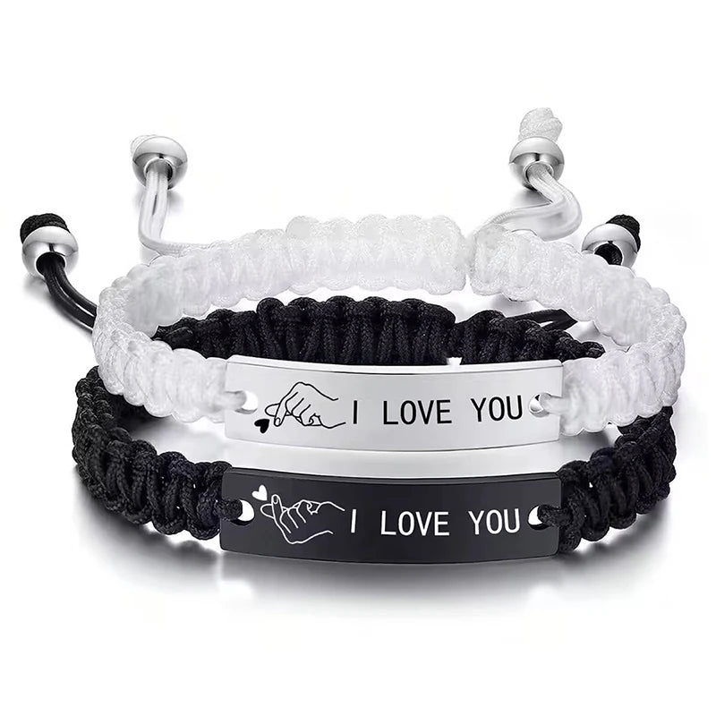 2-Pack Couple Bracelets — Stainless Steel Finger Heart Woven Rope Black & White, Adjustable Lace-Up Valentine Gift