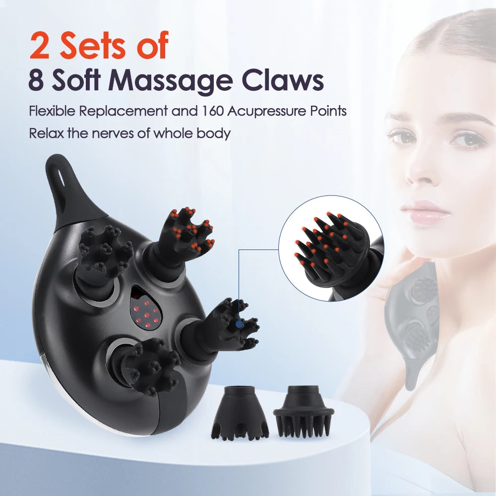 Electric Scalp Massager with 4 Kneading Heads – Rechargeable IPX7 Deep Tissue Head & Body Massager with Red Light Therapy for Hair Growth and Pet Use