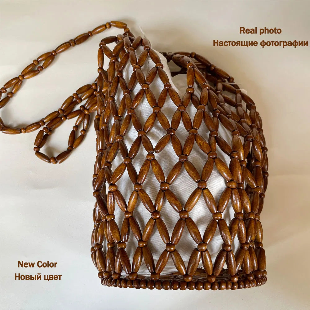 Handmade Woven Wooden Bead Tote – Boho Hollow-Out Bucket Shoulder Handbag for Women
