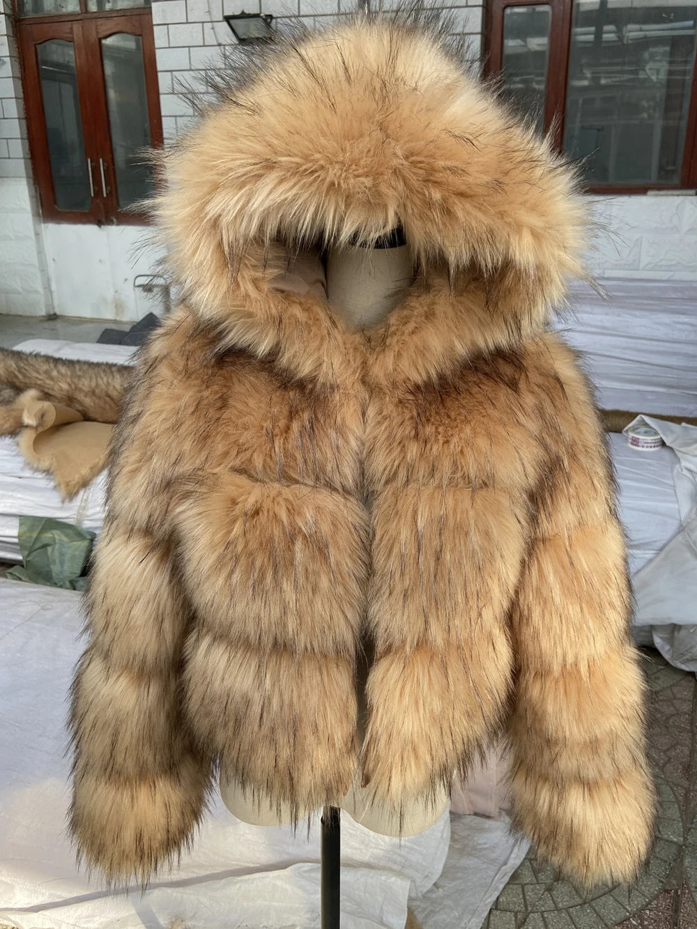 Light Brown Faux Fur Coat — Women's Short Raccoon-Style Winter Jacket with Quilted Lining