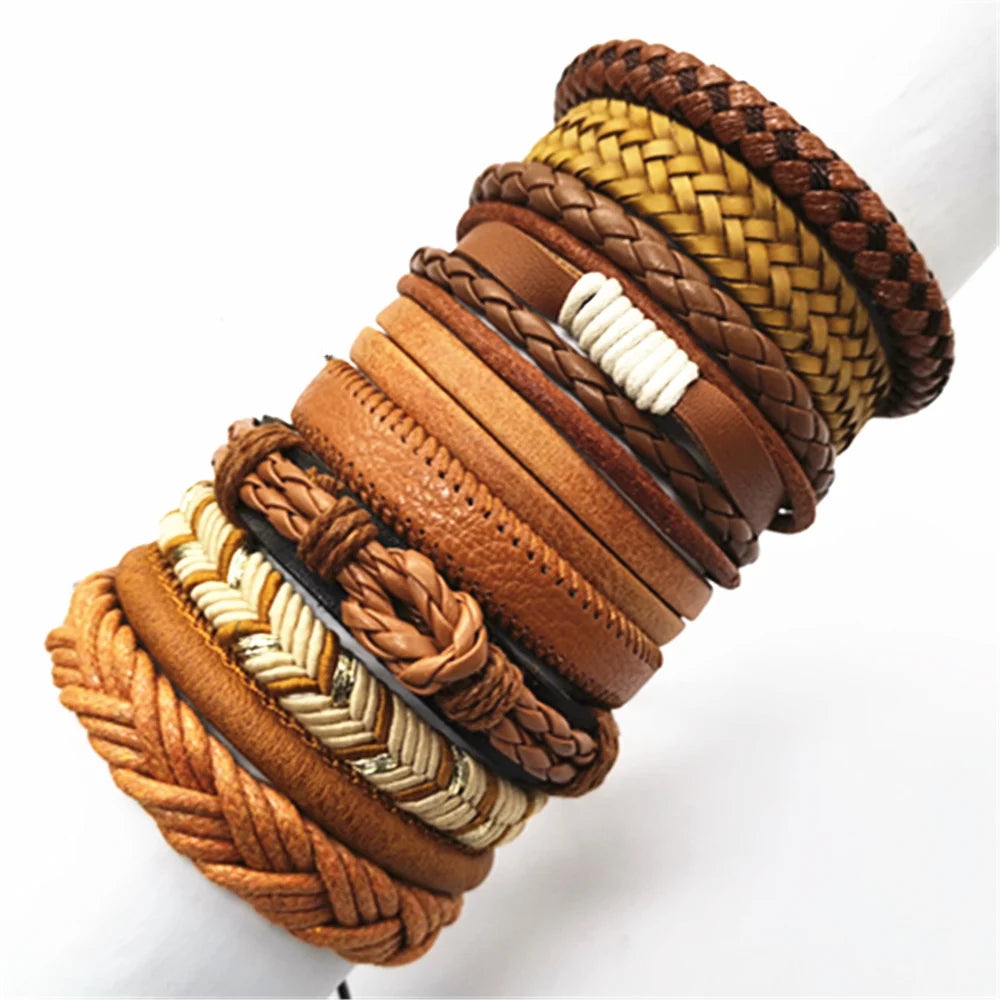 10-Pack Adjustable Black Woven Wrap Leather Bracelets – Handmade Unisex Rope Chain Lace-Up