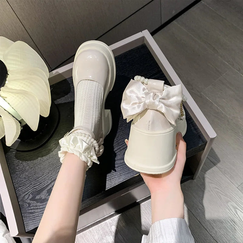 Pink Beaded Mary Jane Heels – Round Toe Platform Pumps with Square Heel, Spring/Autumn Party Shoes