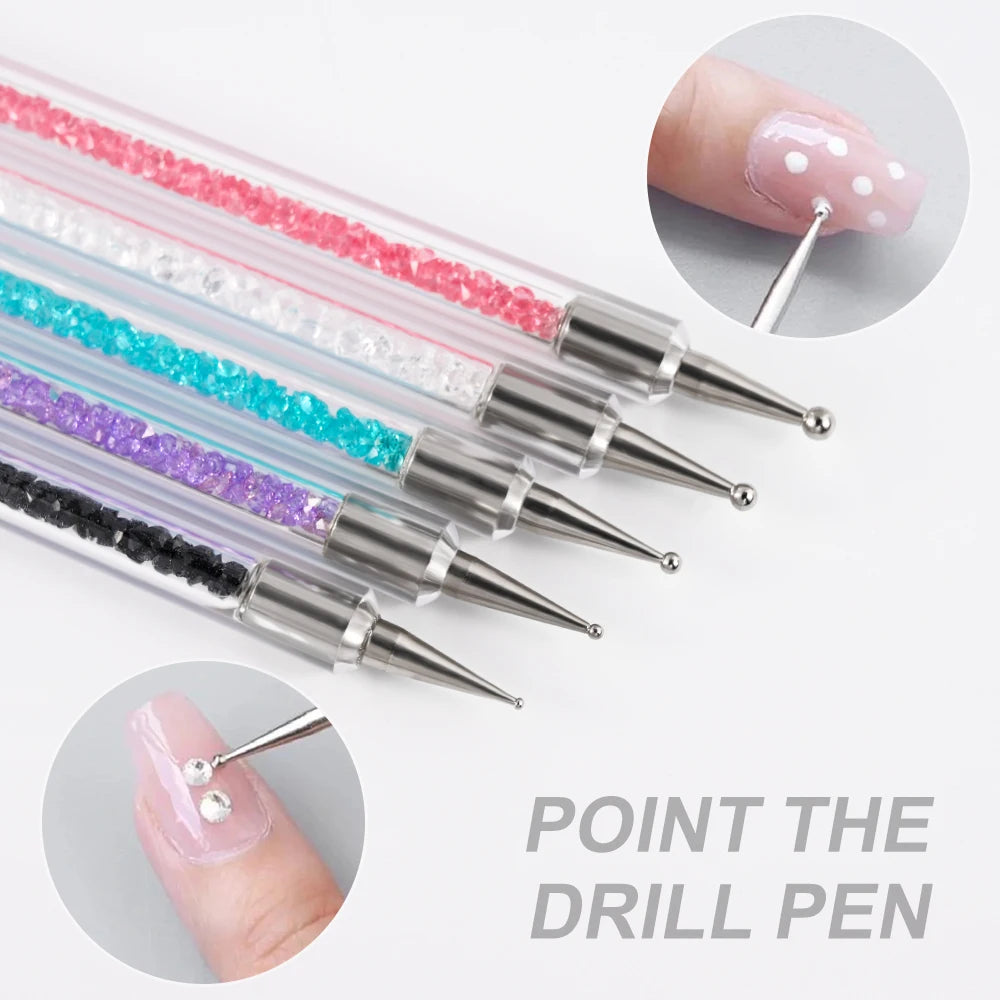 5-Piece Stripe Liner Nail Brush Set with Dotting Tool & Rhinestone Picker for Nail Art