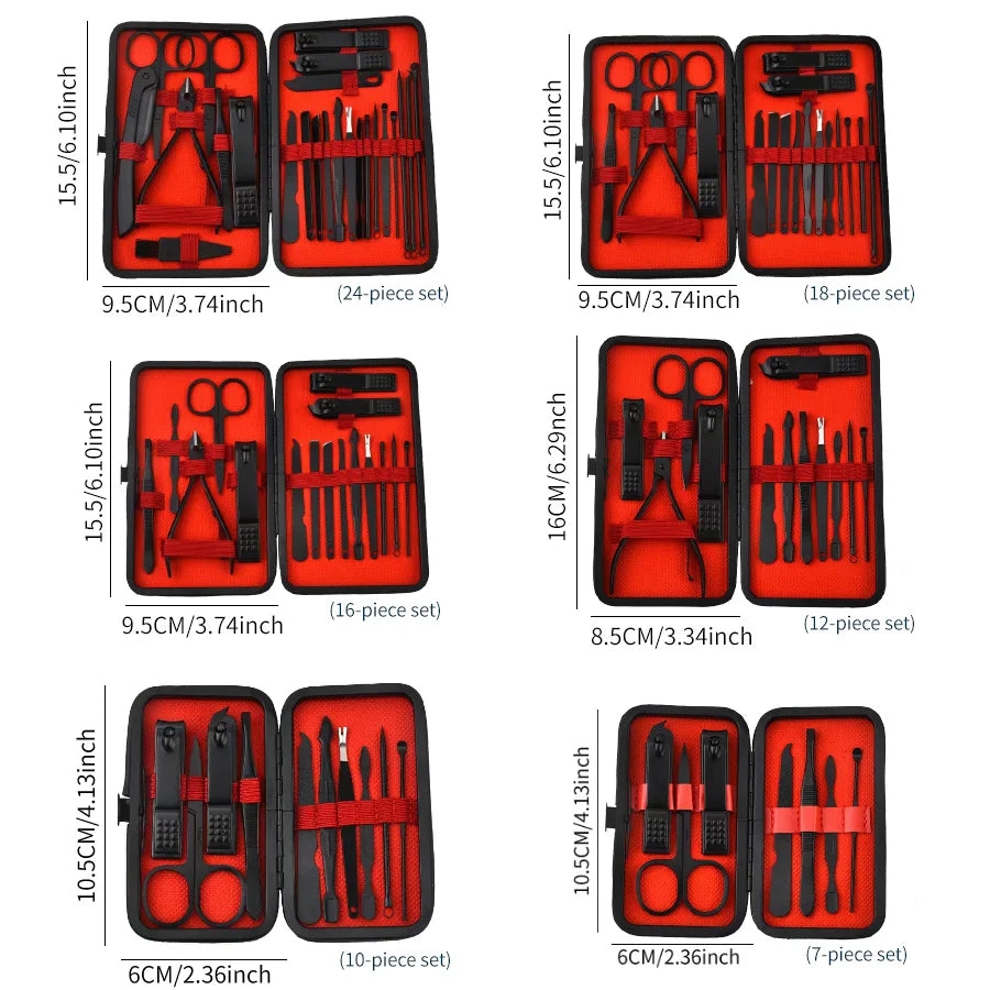 Black & Red Nail Clipper Set – Stainless Steel Manicure & Pedicure Tool Kit, Multi-Pack (4/7/10/12/16/18/24 Sets)
