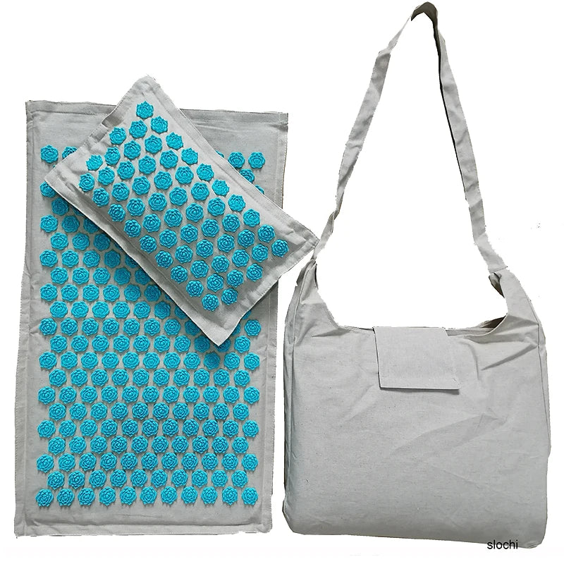 Acupressure Spike Mat Set 74 x 44 cm (29 x 17 in) with Pillow & Carry Bag – Natural Linen Buckwheat Massage Mat for Yoga & Pain Relief
