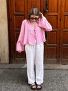 Women's White Lace-Up V-Neck Blouse — Loose Long Sleeve Casual Chic Top