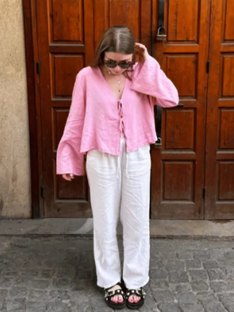 Women's White Lace-Up V-Neck Blouse — Loose Long Sleeve Casual Chic Top