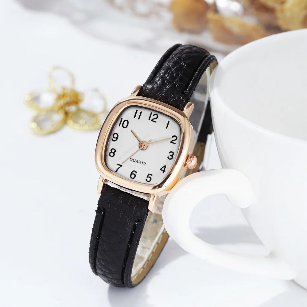 Women's Small 23mm Quartz Watch Leather Strap Arabic Numerals Fashion Wristwatch
