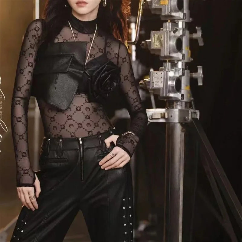 Women's Tulle Mesh Long Sleeve Sheer Blouse Moon Flocked Y2K Top