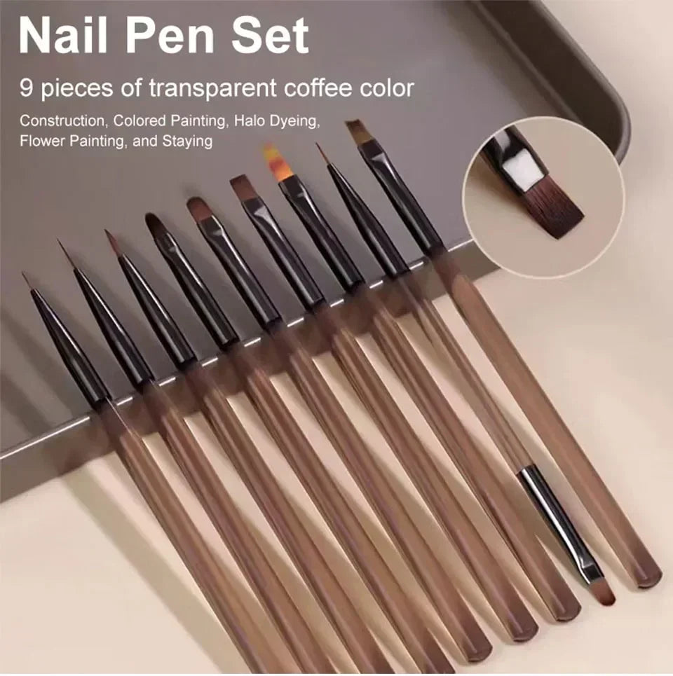 9-Piece Nail Art Brush Set Liner & Detail Brushes for Acrylic, Gel & Manicure Nail Tip Display