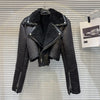 PREPOMP Turn-Down Collar Faux Fur PU Leather Jacket for Women, Zipper Sleeve Cuffs Streetwear Winter Coat