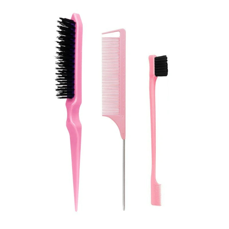 3-Piece Hair Comb & Eyebrow Brush Set - Tail Comb, 3-Row Detangling Comb, Steel Pin Tail Comb