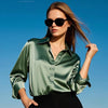 Korean Slim Satin Blouse for Women, Office Casual Long Button Shirt Solid Multicolor