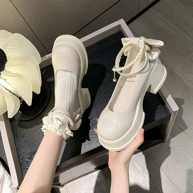 Pink Beaded Mary Jane Heels – Round Toe Platform Pumps with Square Heel, Spring/Autumn Party Shoes