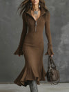 Women’s Knitted Fishtail Midi Dress – Slim Fit Lapel Collar, Flared Full Sleeves – Autumn Winter Solid