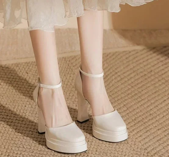 Women's Waterproof Patent PU Platform Sandals – 11 cm (4.3") Chunky Heel, Buckle Strap, White, EU 35-42