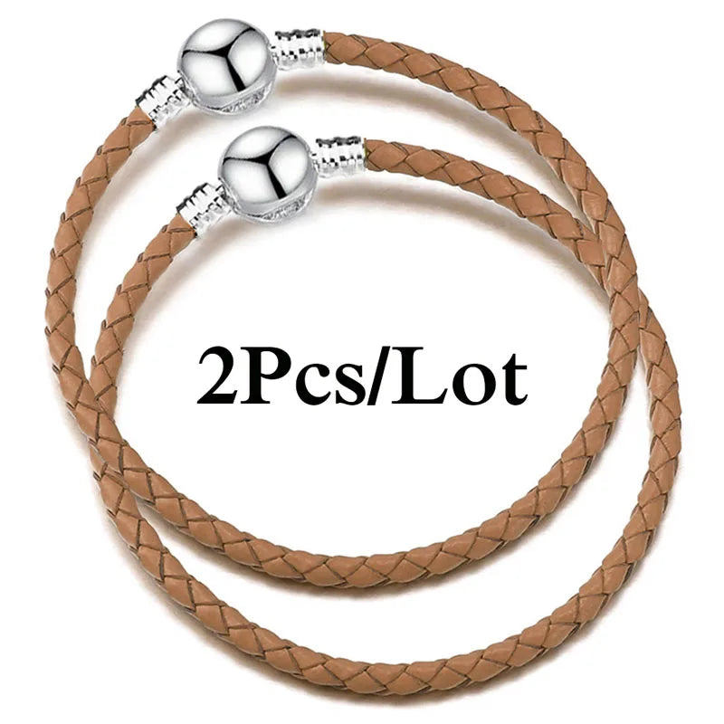 2-Pack Leather Chain Charm Bracelets with Beads – Handmade Couples Pulsera Jewelry (Unisex)