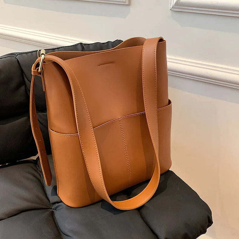 Women's PU Leather Bucket Shoulder Bag - Vintage Casual Luxe Handbag for Fall & Winter