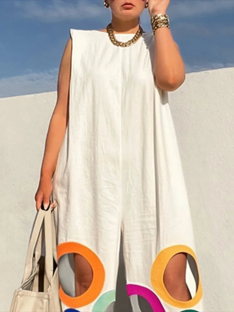 Women's Rainbow Hollow Wide-Leg Jumpsuit Sleeveless Loose Summer Overalls with Shoulder Pads