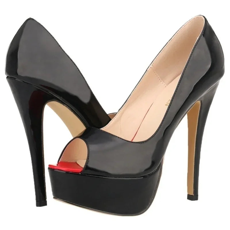 Women Platform Peep Toe Pumps 14cm (5.5 in) Thin Stiletto Patent Leather Party & Wedding Heels