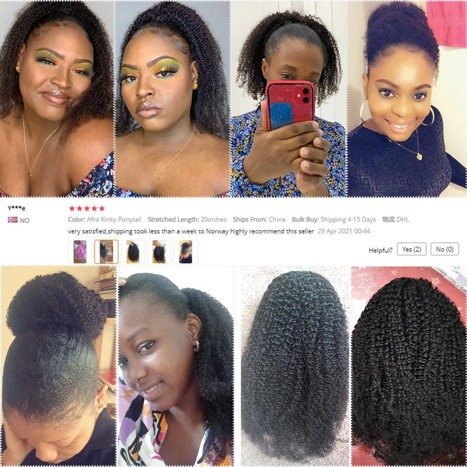 Afro Kinky Curly Drawstring Wrap-Around Ponytail Human Hair Extensions — Mongolian Remy 4B/4C, 10–28 in (25–71 cm), Clip-In