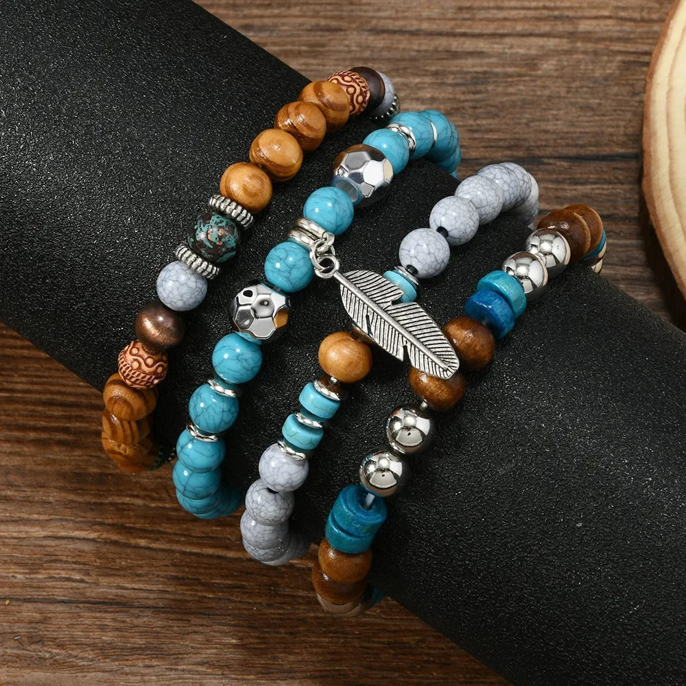 Bohemian Vintage Multi-Layer Turquoise Stone Beaded Bracelet for Men - Ethnic Leaf Design