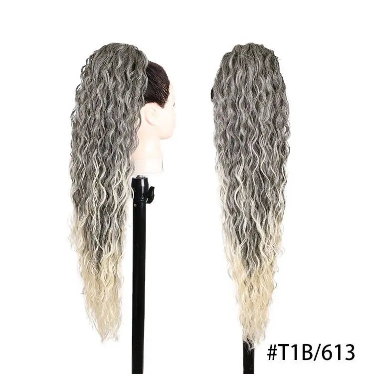 Long Ombre Blonde Synthetic Clip-In Braided Wavy Ponytail Hairpiece — Black to Brown Hair Extension