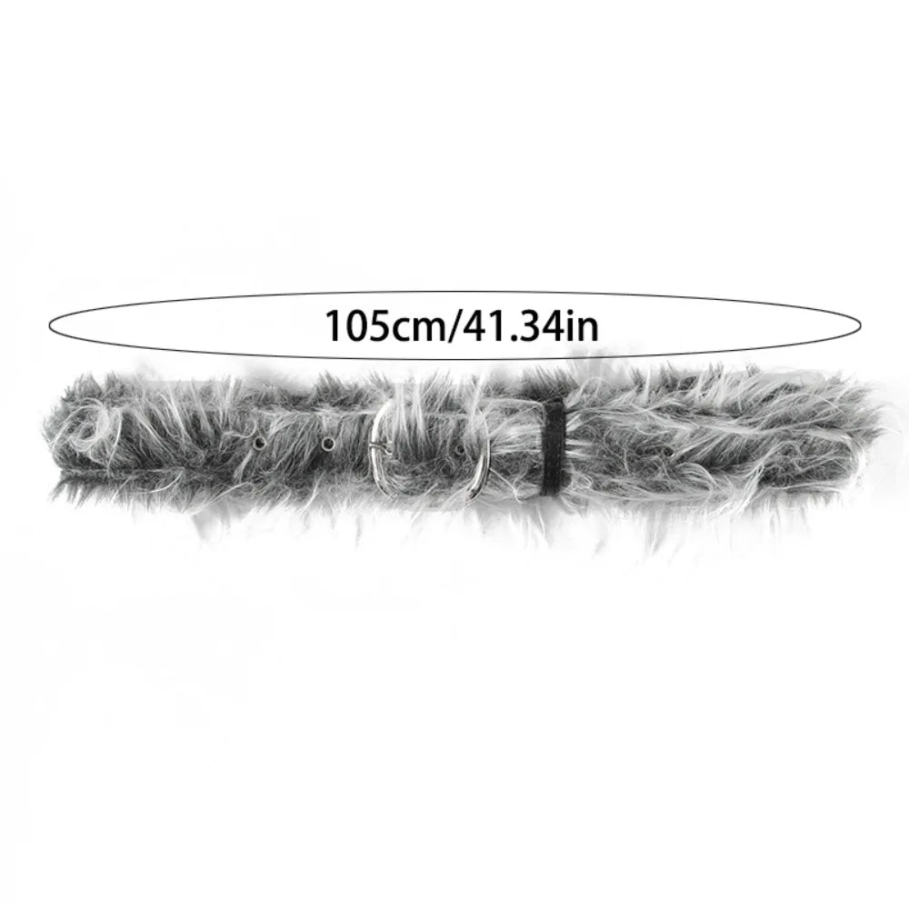 Y2K Gray Faux Fur Leather Waist Belt 41.34in (105cm) Furry Hip-Hop Jeans Waistband