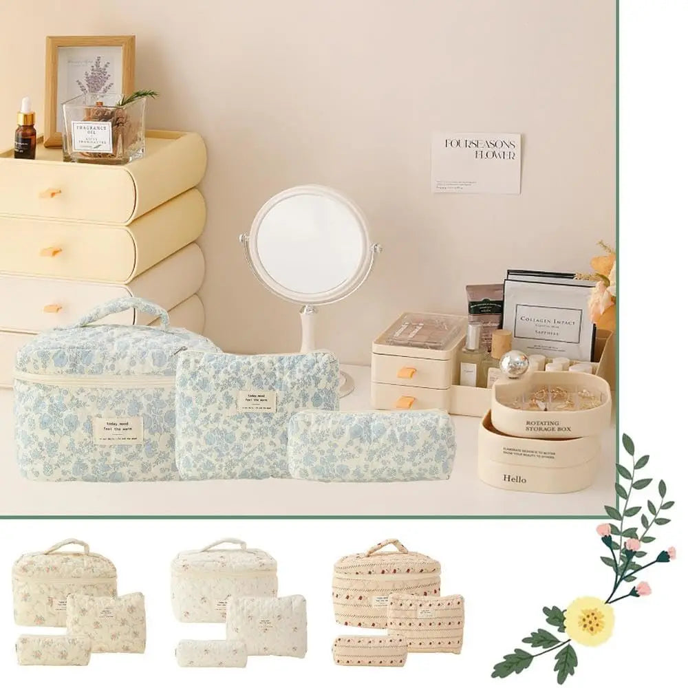 Quilted Cotton Makeup Bag – Zipper Cosmetic Organizer Box-Shaped Toiletry Case for Women & Girls