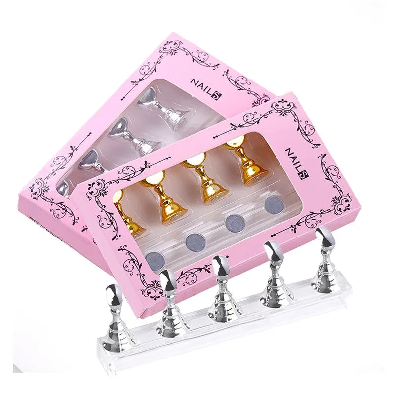 5-Pack Magnetic Nail Tip Holders with Acrylic Base – Gold Silver Rose Gold Nail Art Display Stand for Gel Polish Manicure