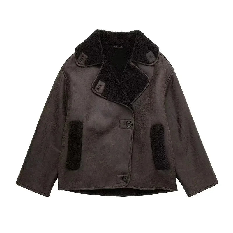 Faux Leather Jacket for Women Plush-Lined Single-Breasted Autumn Winter Warm Coat