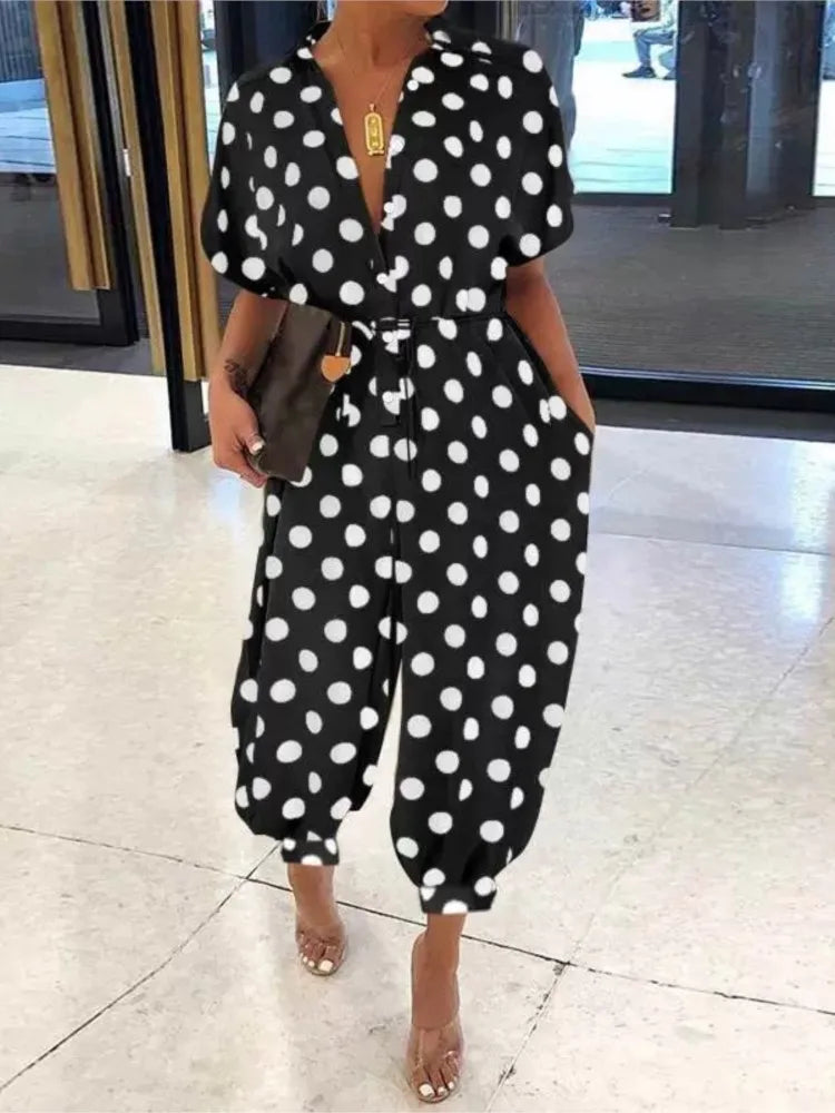 Women's Short Sleeve Lace-Up Dot Leopard Print Jumpsuit with Pockets, Casual Vintage Wide-Leg Ankle-Length