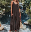 Women's Backless Jumpsuit with Threaded Back – Solid Flare-Leg Mid-Waist Summer Beach Style (Polyester/Spandex)
