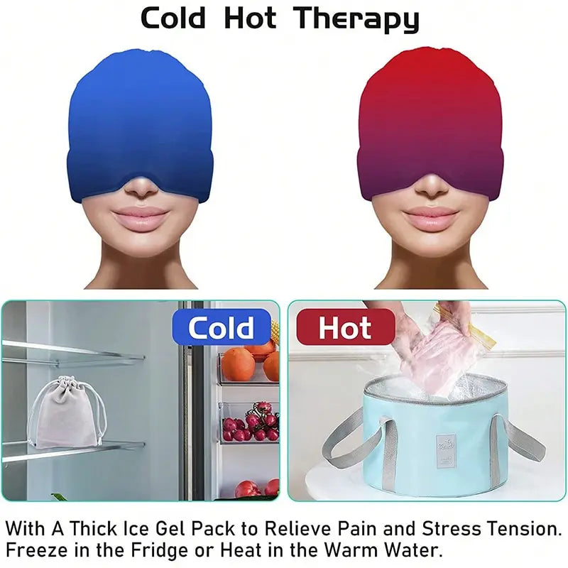 Gel Ice Migraine Relief Head Wrap — Cold Compress Therapy Cap with Eye Mask for Headaches & Sinus Pain