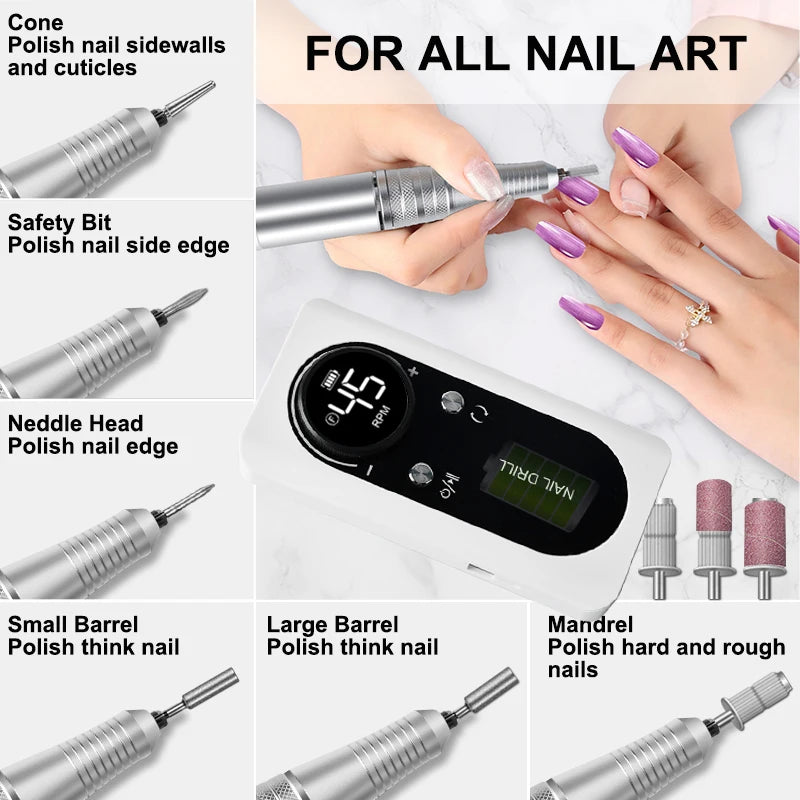 45000 RPM Rechargeable Electric Nail Drill Kit — Portable Nail File with LCD, 2600mAh Battery, 6 Bits & 6 Sanding Bands