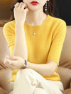 Women's Short-Sleeve Knit O-Neck Pullover - Wool-Cotton Blend Lightweight Summer Top