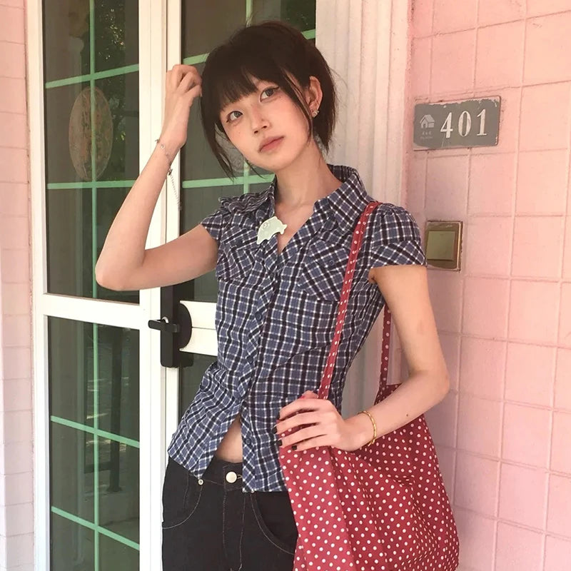 Y2K Plaid V-Neck Short Sleeve Shirt Harajuku Korean Vintage Blouse for Women