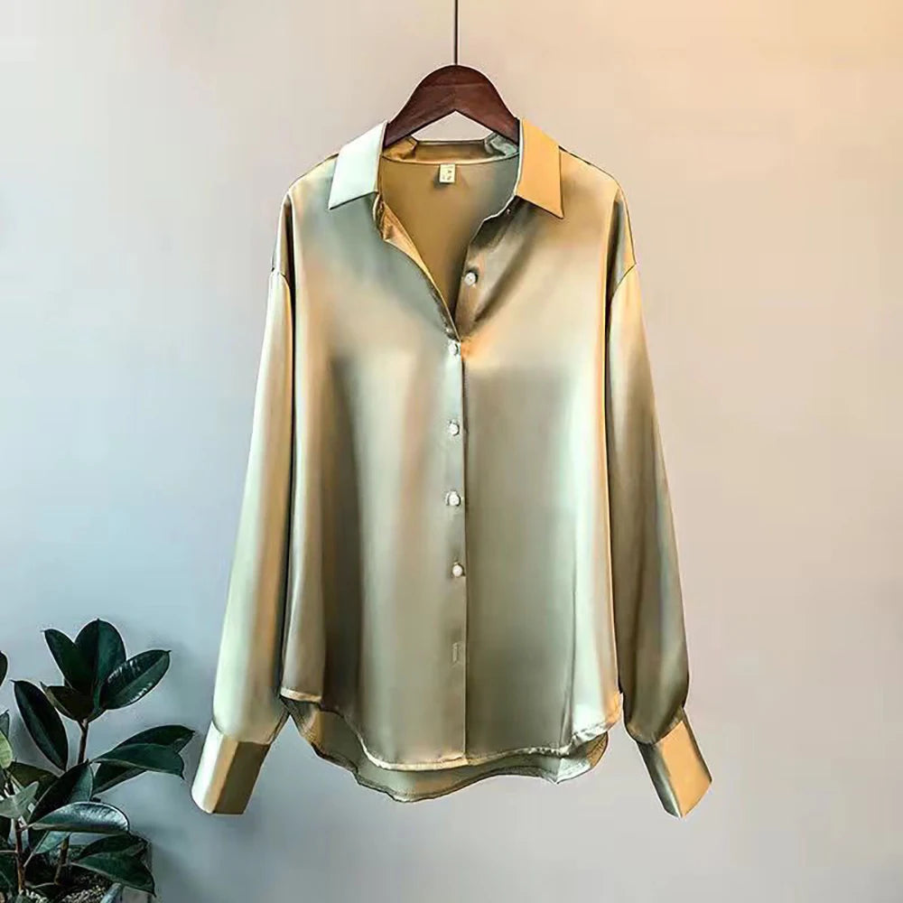 Women's Satin Button-Front Blouse — Korean Long Sleeve Casual Office Top, Slim Fit