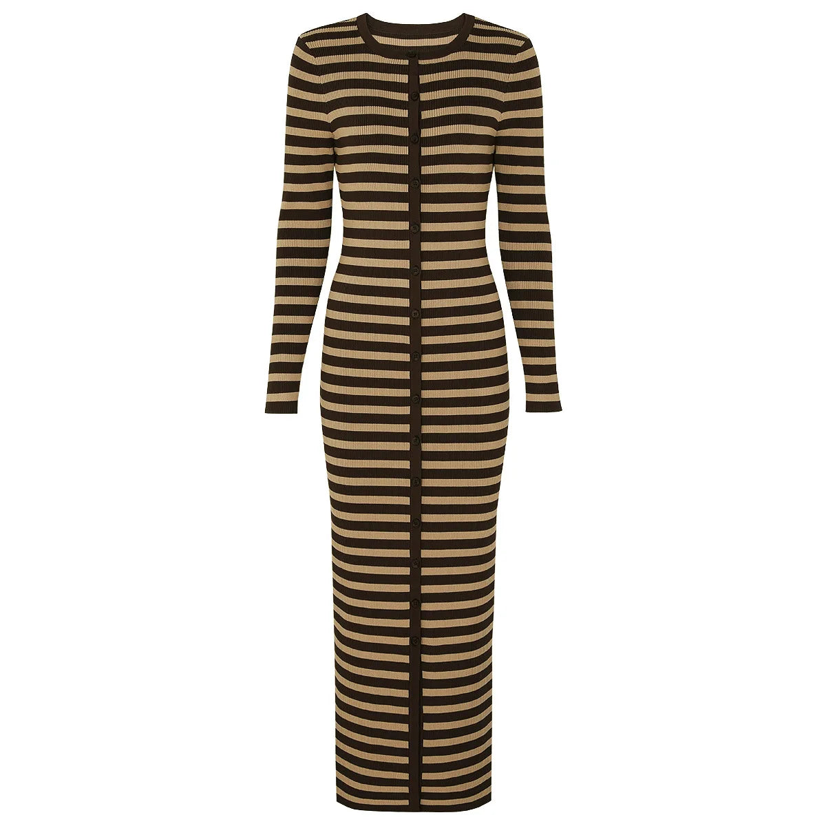 ZJYT Striped Knit Midi Sweater Dress – O-Neck Long Sleeve Slim Straight Casual Autumn/Winter Dress for Women