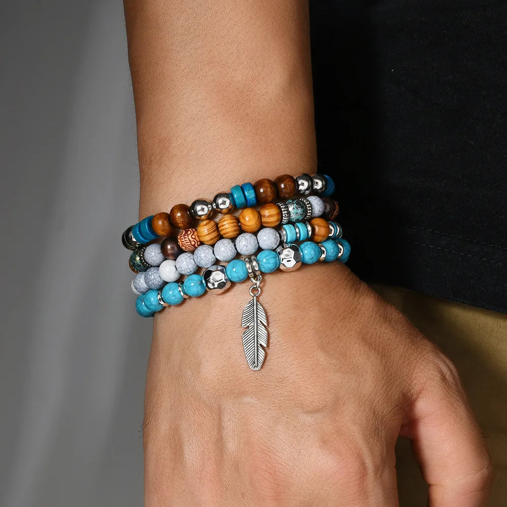 Bohemian Vintage Multi-Layer Turquoise Stone Beaded Bracelet for Men - Ethnic Leaf Design