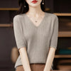 Women's V-Neck Short Sleeve Knit Top - Slim Casual Korean Pullover for Spring/Summer (Poly Cotton)