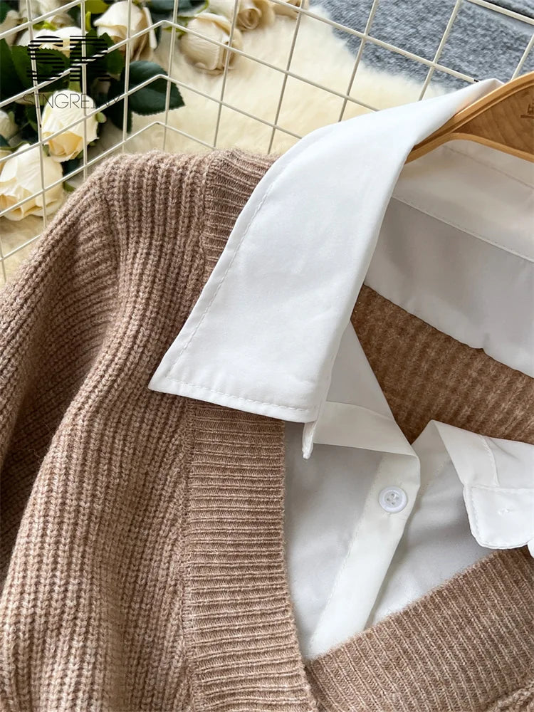 Women’s Knit Two-Piece Sweater Dress Set with Belt — Lapel Collar, Long Sleeve Knee-Length Patchwork for Office Autumn/Winter