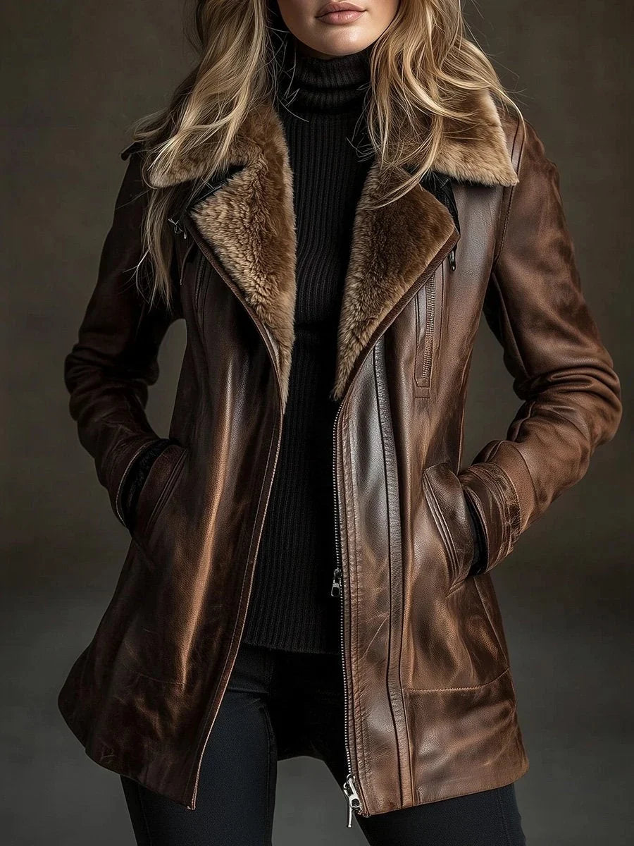 Winter Women's Faux Fur Leather Jacket - Thick Velvet-Lined Turn-Down Collar Motorcycle Coat